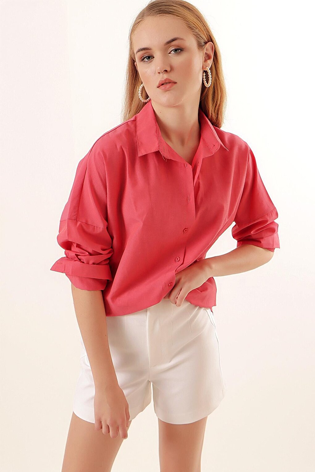 3900 Oversize Long Basic Shirt - Pomegranate