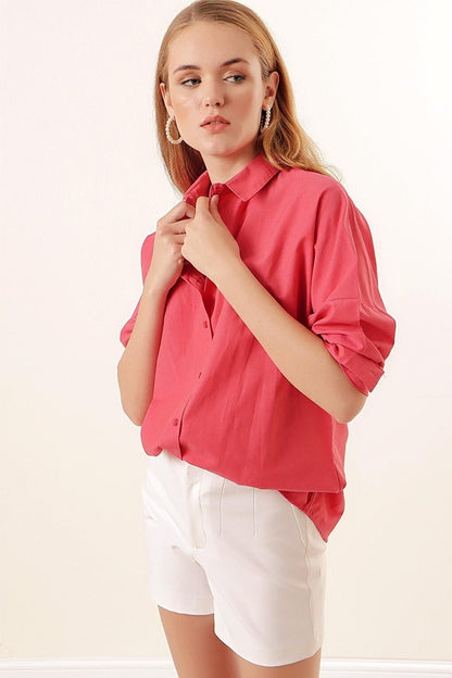 3900 Oversize Long Basic Shirt - Pomegranate