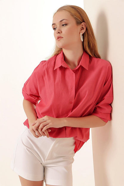 3900 Oversize Long Basic Shirt - Pomegranate