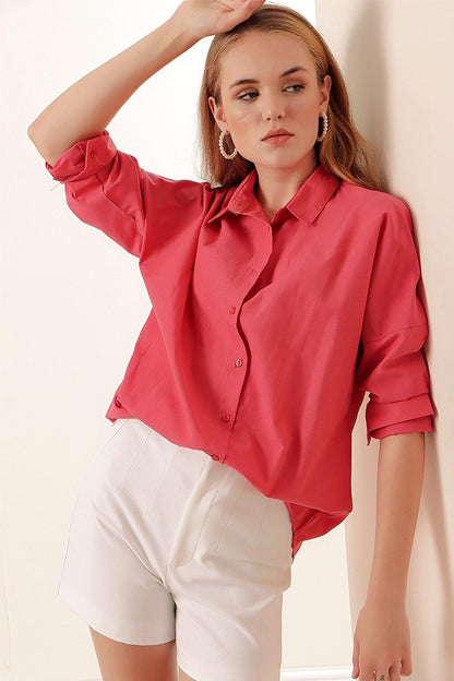 3900 Oversize Long Basic Shirt - Pomegranate