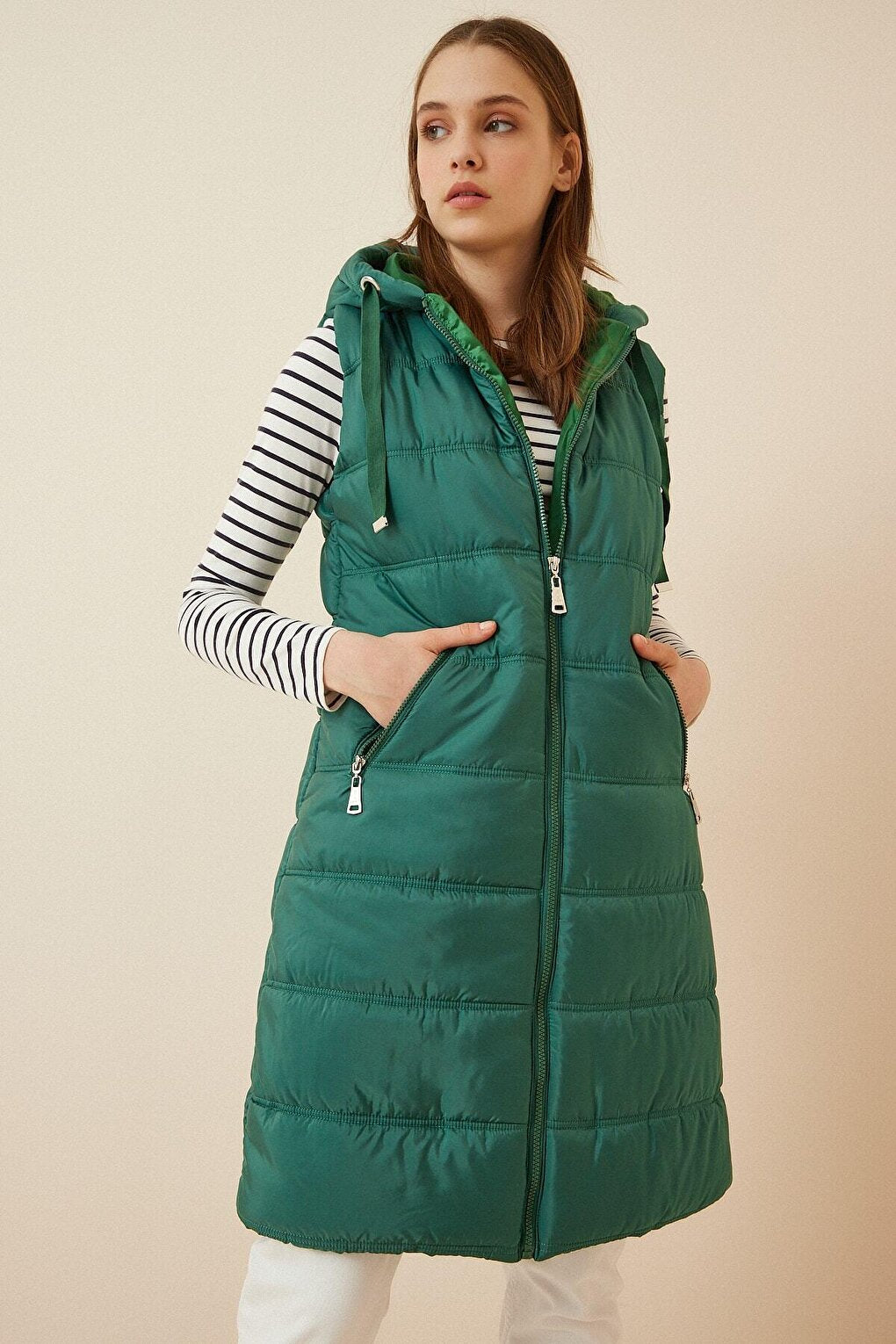 Women's Emerald Green Hard Hooded Lined Long Puffer Vest HZL22W-BD151401