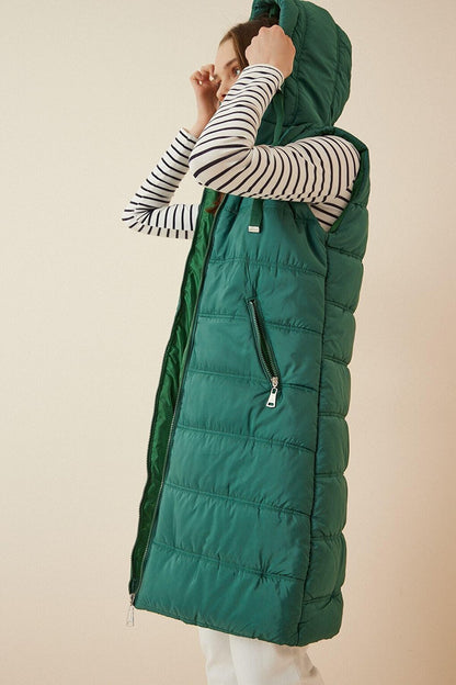 Women's Emerald Green Hard Hooded Lined Long Puffer Vest HZL22W-BD151401