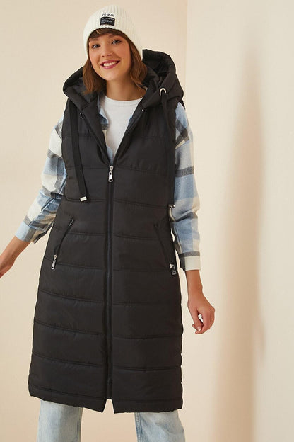 Women's Black Hard Hooded Lined Long Puffer Vest HZL22W-BD151401