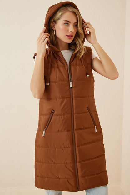 Women's Chocolate Hard Hooded Lined Long Puffer Vest HZL22W-BD151401