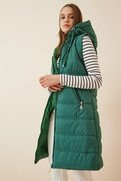 Women's Emerald Green Hard Hooded Lined Long Puffer Vest HZL22W-BD151401