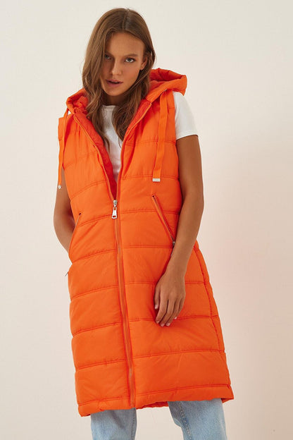 Women's Orange Solid Hooded Lined Long Puffer Vest HZL22W-BD151401