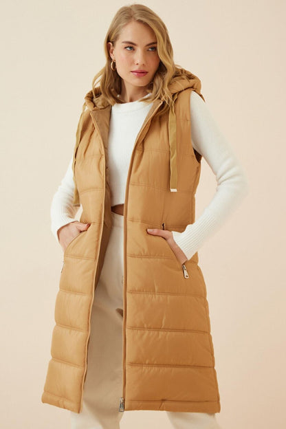 Women's Camel Hard Hooded Lined Long Puffer Vest HZL22W-BD151401