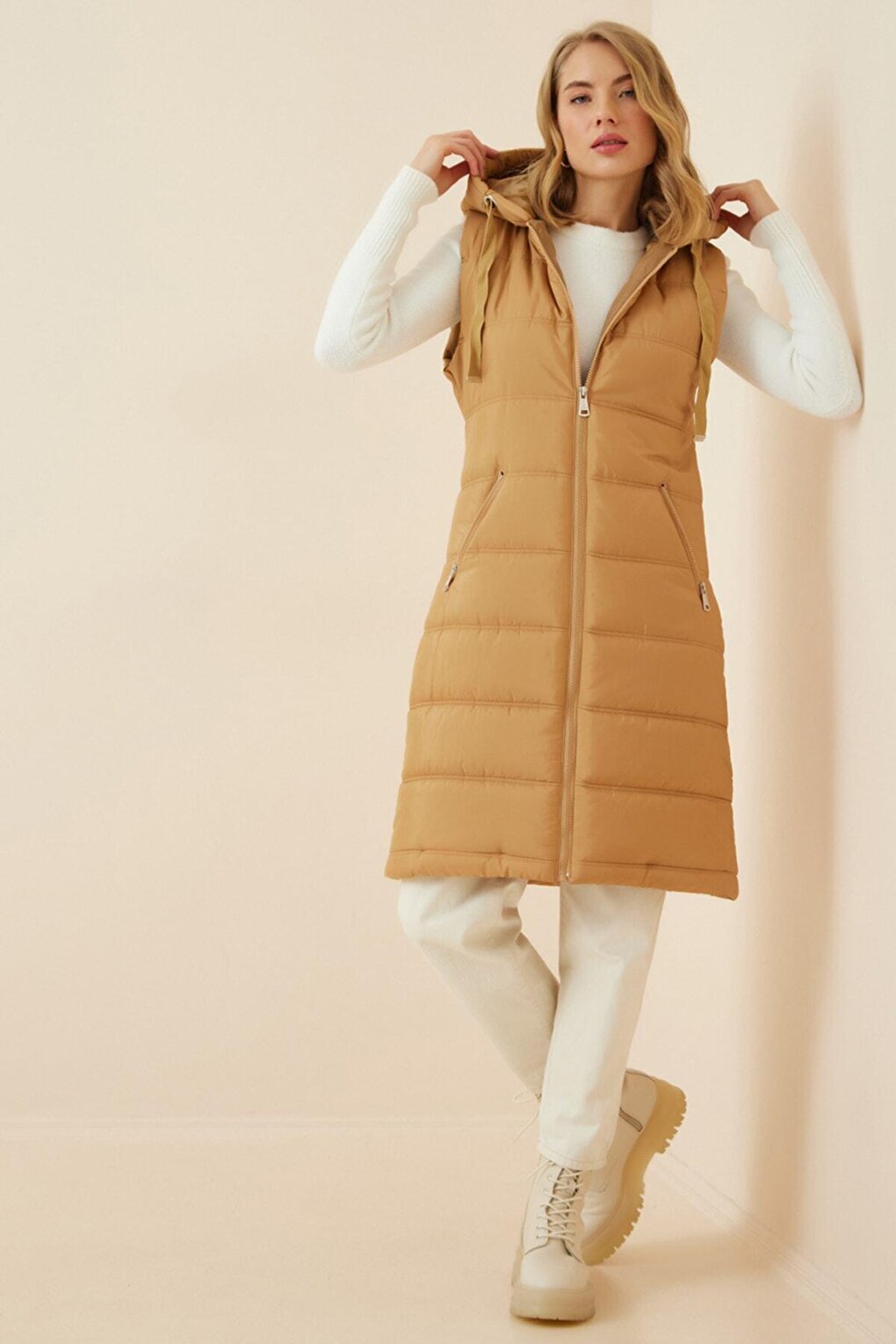 Women's Camel Hard Hooded Lined Long Puffer Vest HZL22W-BD151401