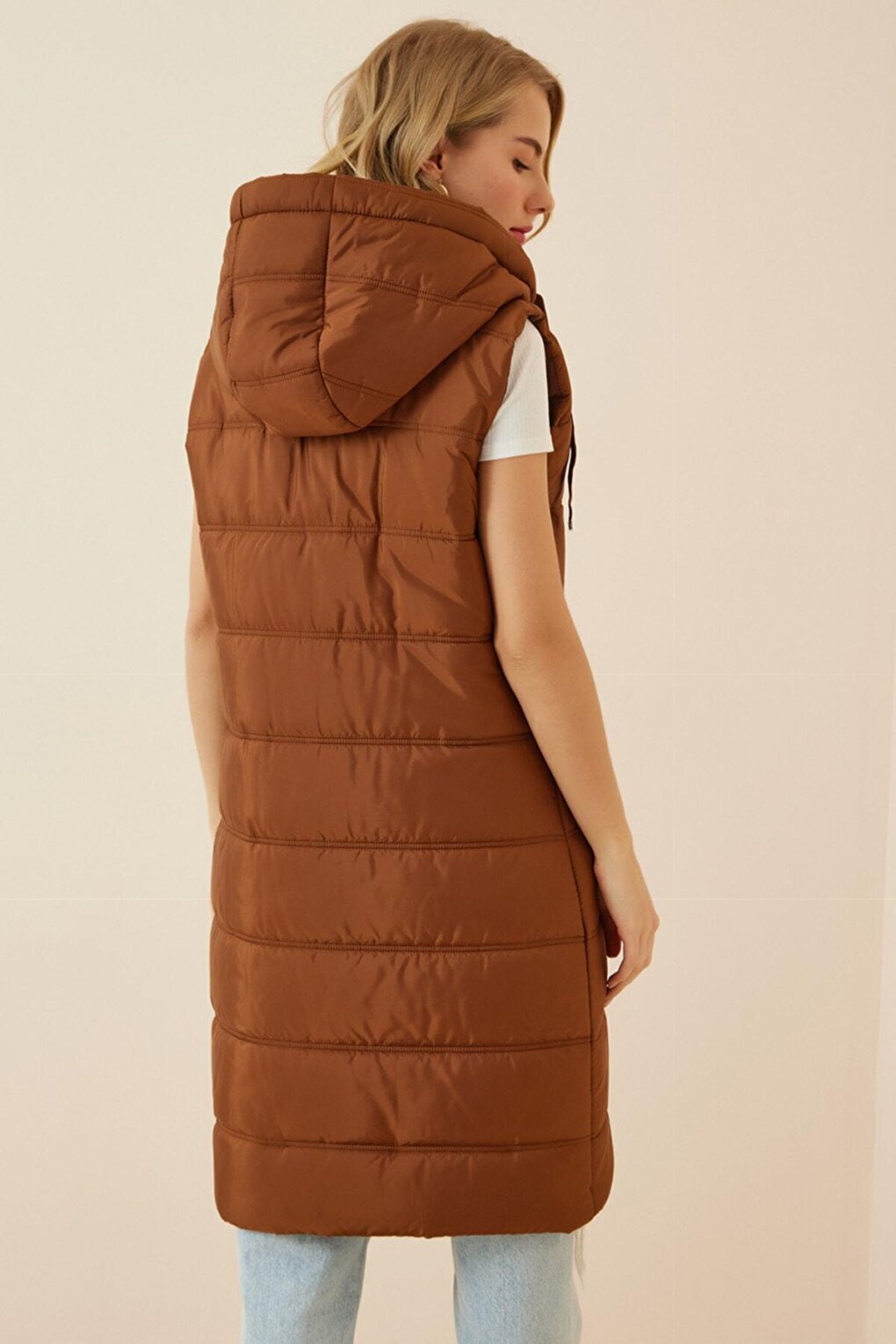 Women's Chocolate Hard Hooded Lined Long Puffer Vest HZL22W-BD151401