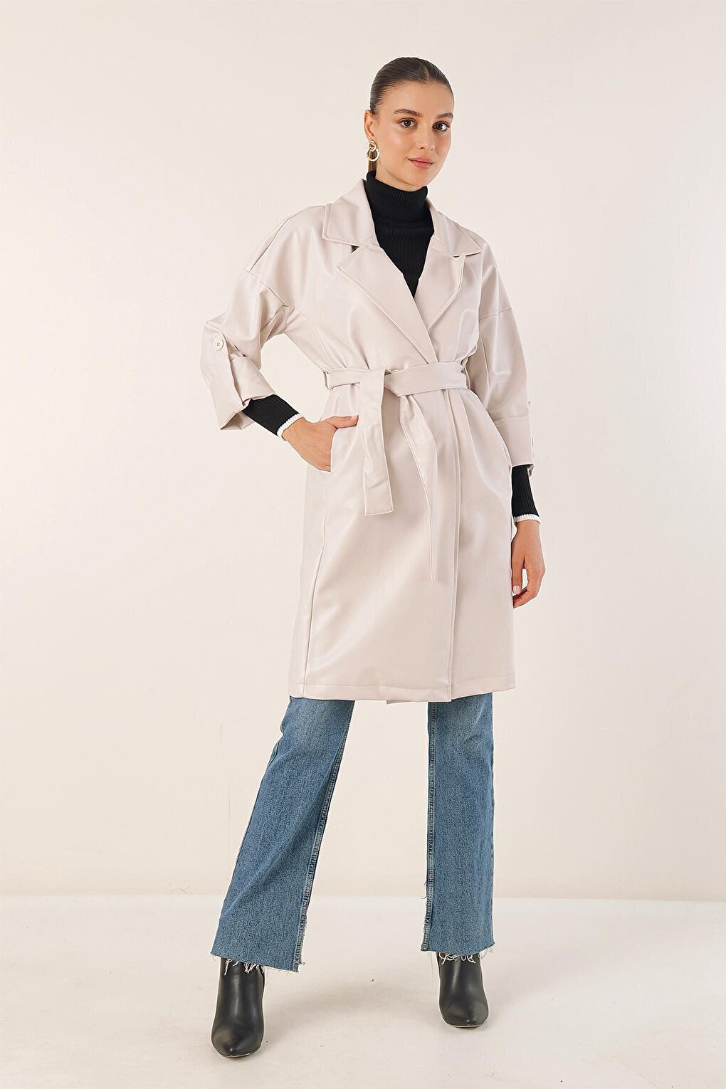 1034 Belted Faux Leather Trench Coat - Ecru