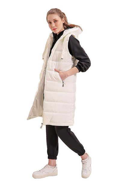 Women's Ecru Fixed Hooded Lined Long Puffer Vest