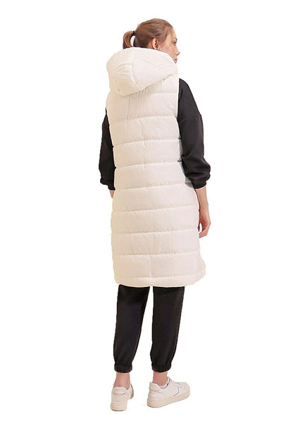 Women's Ecru Fixed Hooded Lined Long Puffer Vest