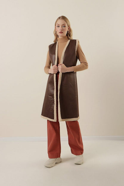 Women's Brown Faux Fur Inside Long Faux Leather Vest HZL23W-BD167861