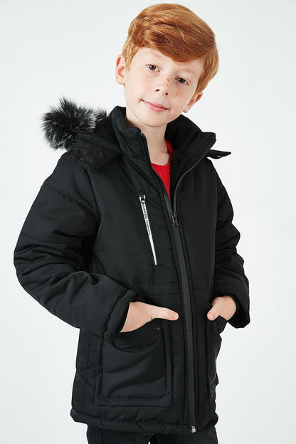 Plush Lined Hooded Coat with Faux Fur Collar 6036062