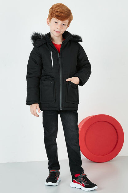 Plush Lined Hooded Coat with Faux Fur Collar 6036062