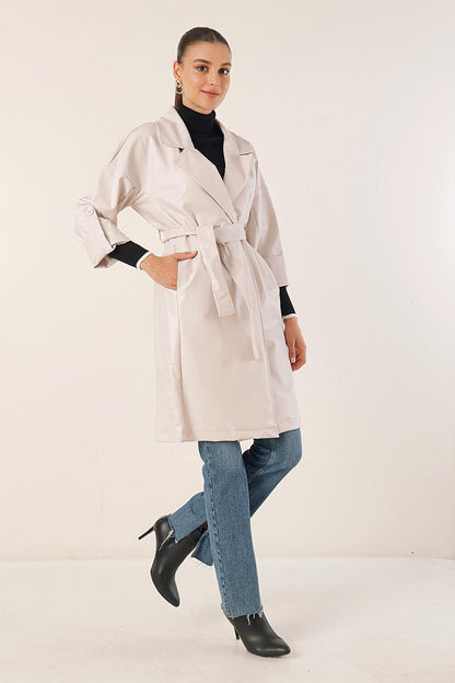 1034 Belted Faux Leather Trench Coat - Ecru