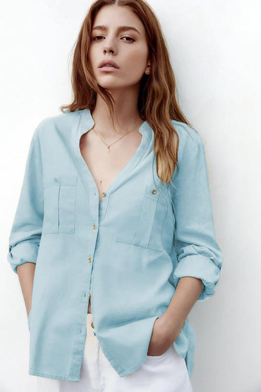 Blue Rolled Sleeve Linen Blend Women's Shirt MG1847