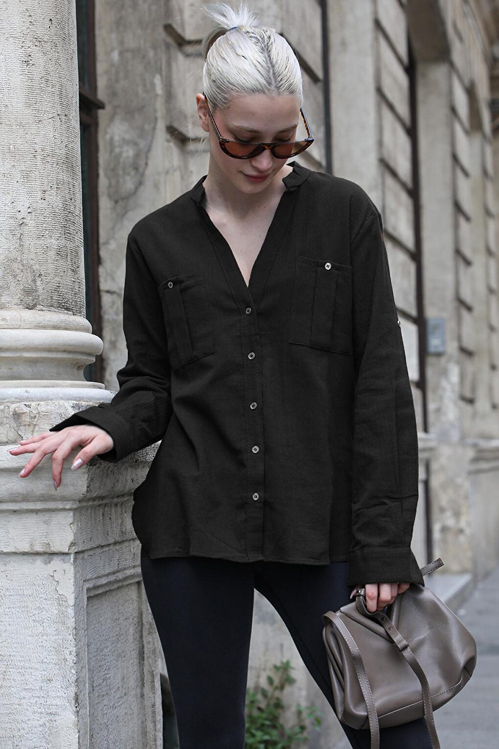 Black Rolled Sleeve Linen Blend Women's Shirt MG1847