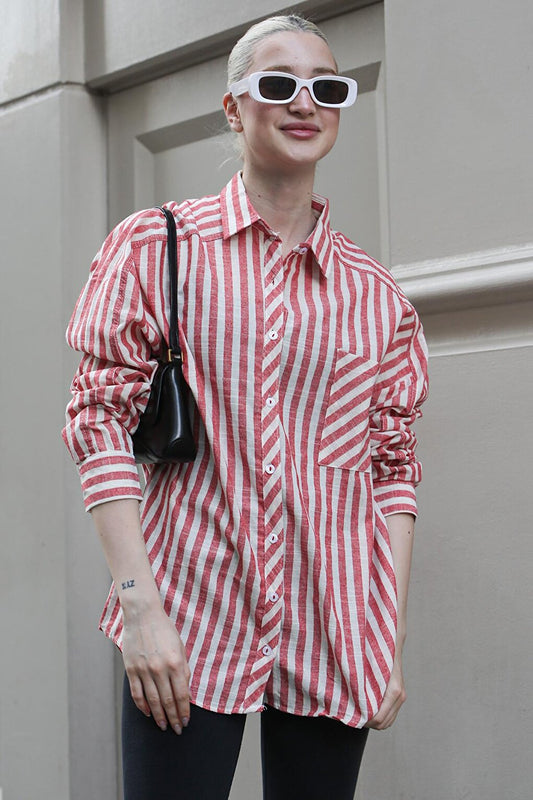 Red Striped Oversize Women's Shirt MG1729