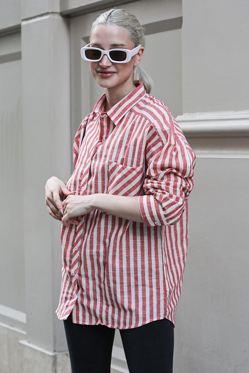 Red Striped Oversize Women's Shirt MG1729