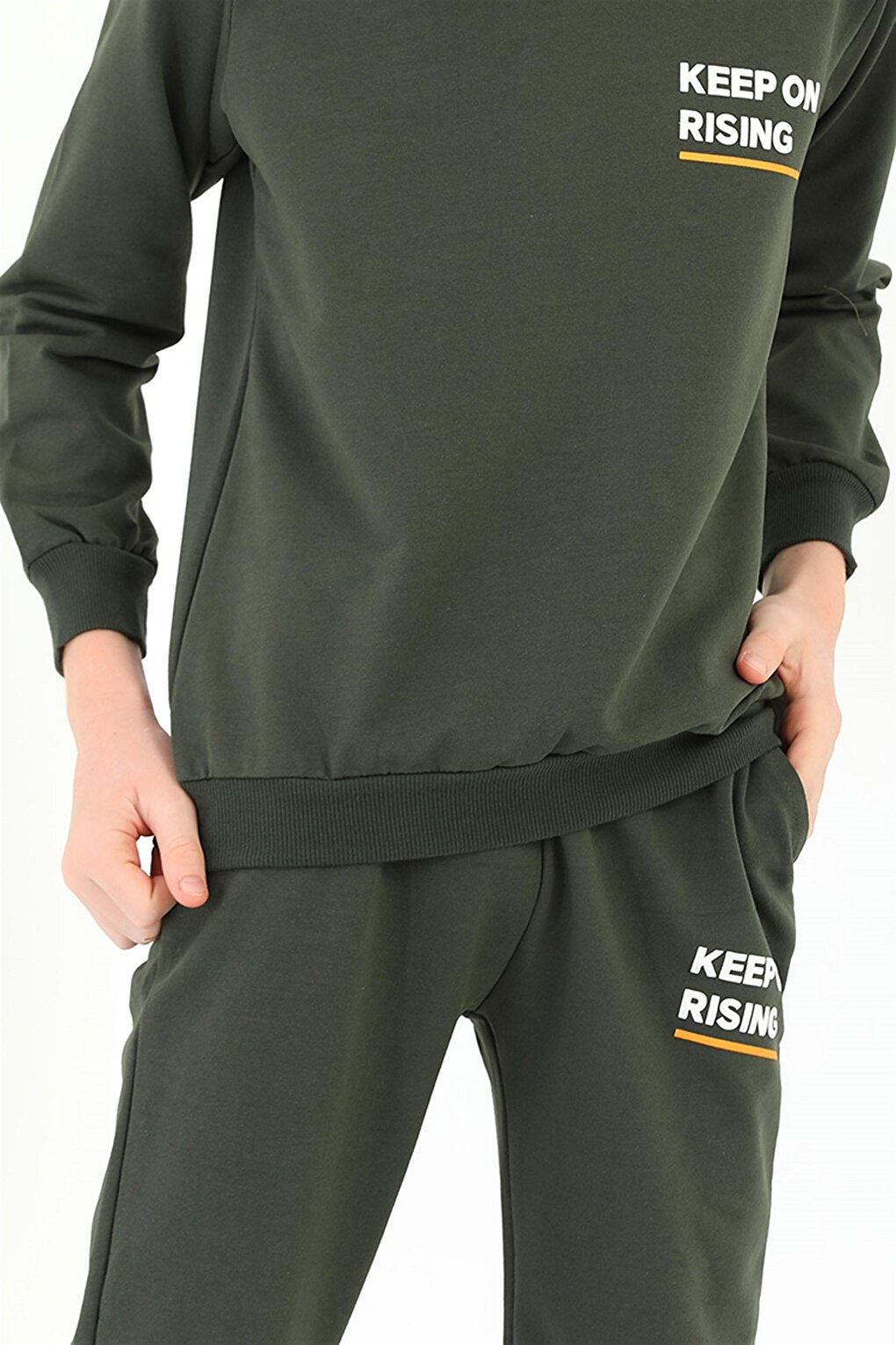 Boy's Khaki Colored Crew Neck Keep On Rising Printed Tracksuit Set