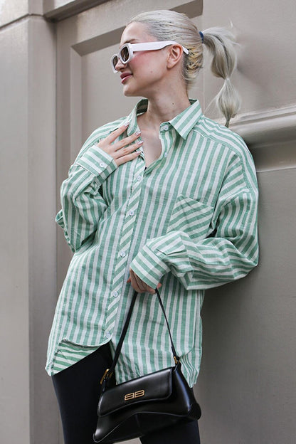 Green Striped Oversize Women's Shirt MG1729