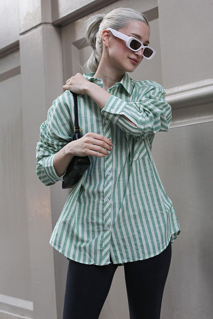 Green Striped Oversize Women's Shirt MG1729