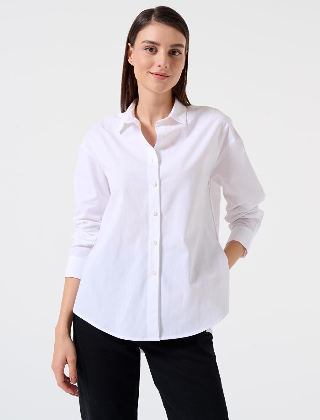 White Loose Cut Long Back 100% Cotton Basic Shirt