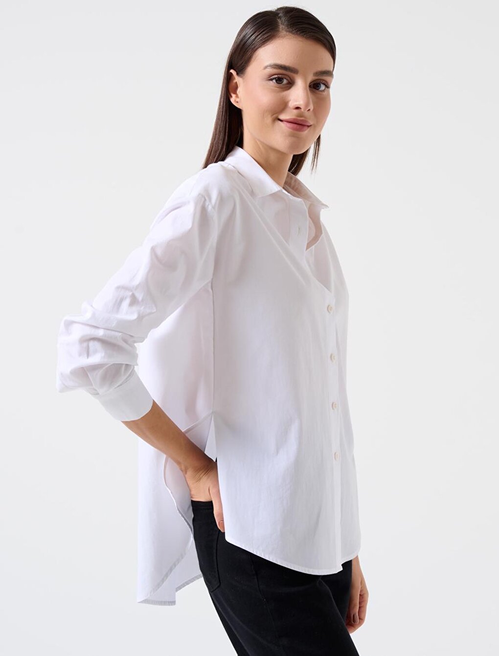 White Loose Cut Long Back 100% Cotton Basic Shirt