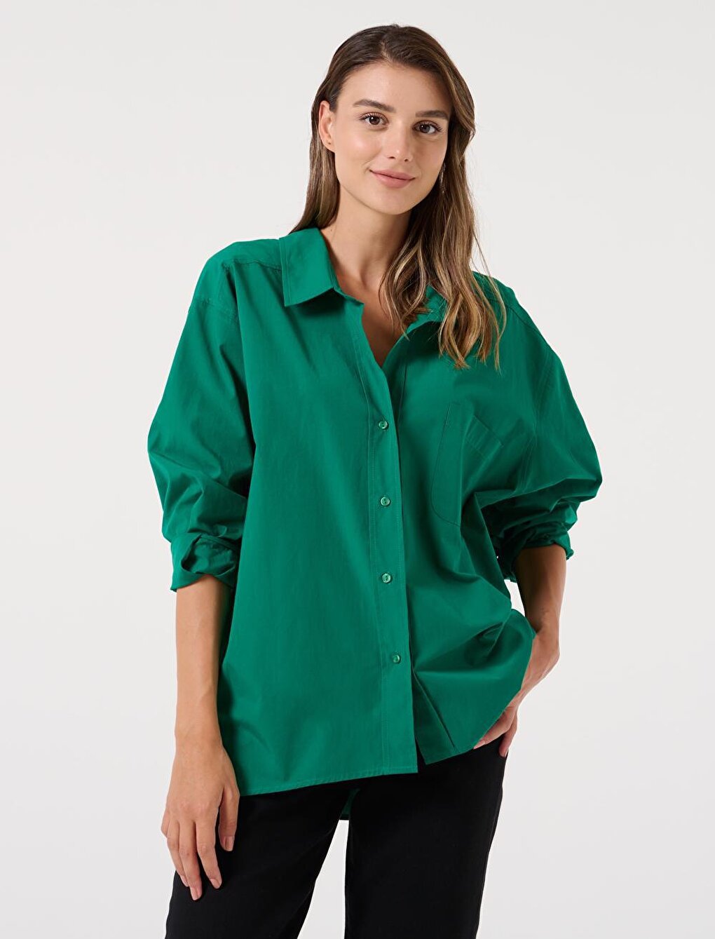 Green Loose Cut Long Back 100% Cotton Basic Shirt