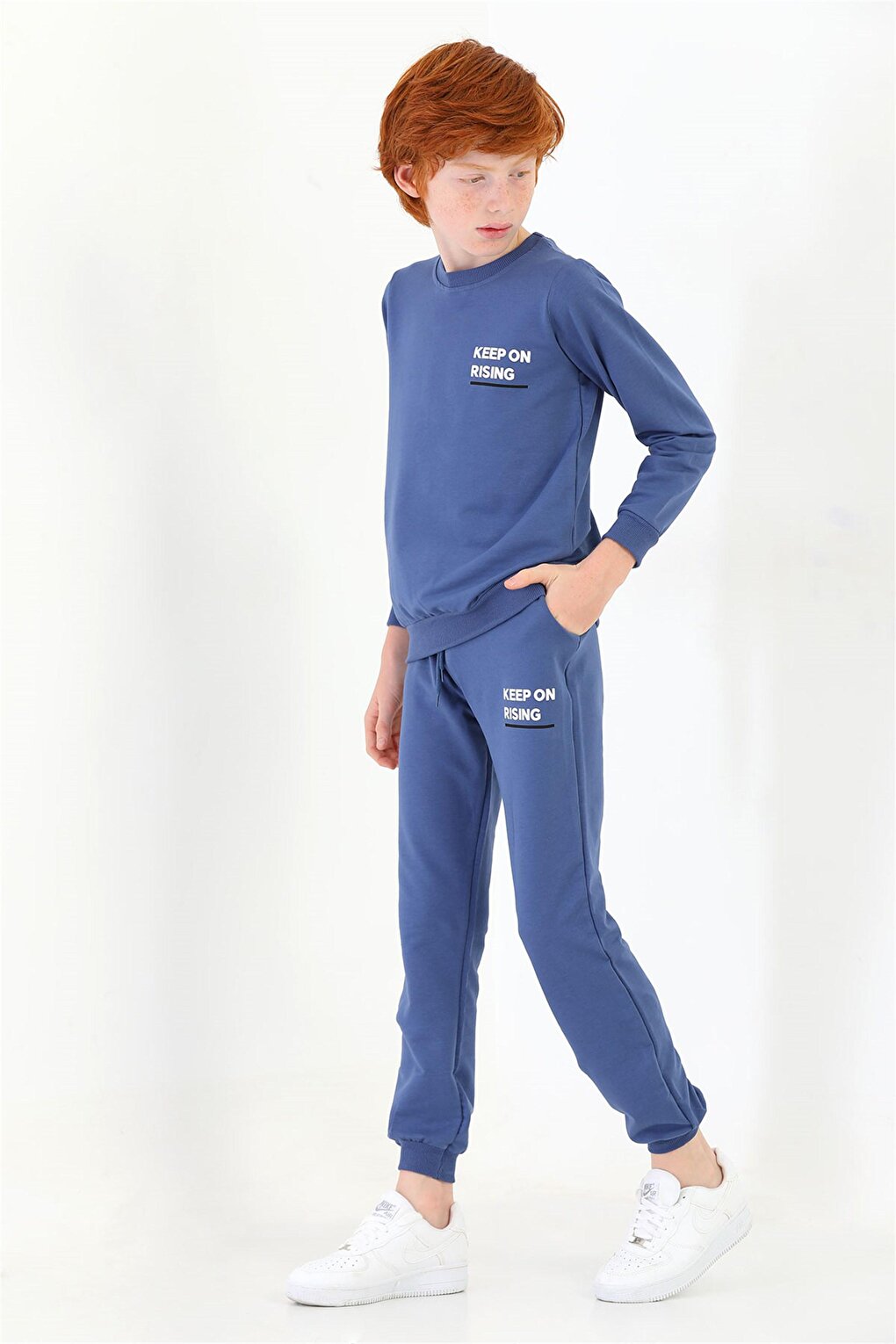 Boy's Indigo Colored Crew Neck Keep On Rising Printed Tracksuit Set