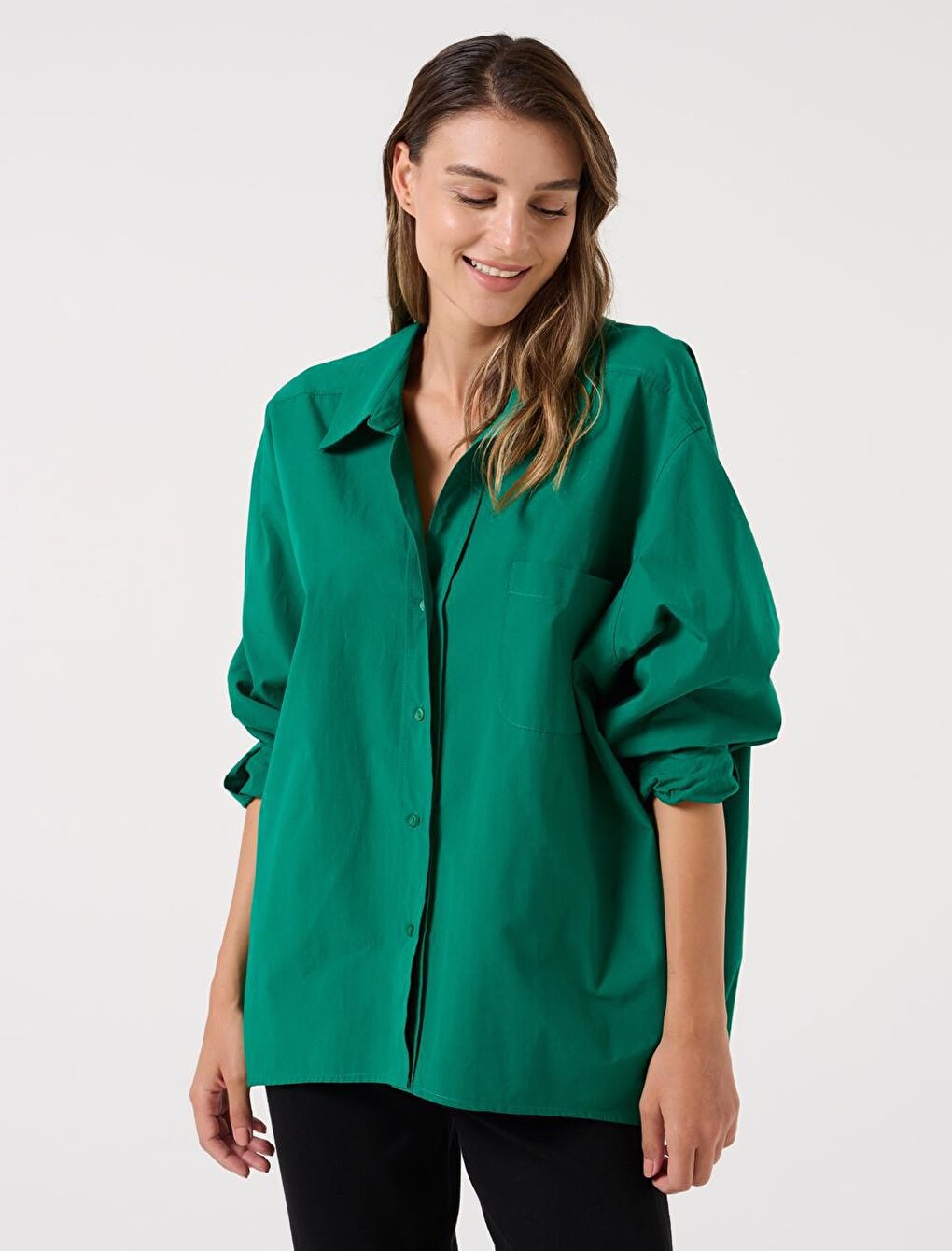 Green Loose Cut Long Back 100% Cotton Basic Shirt