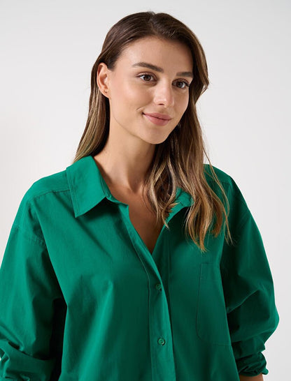 Green Loose Cut Long Back 100% Cotton Basic Shirt