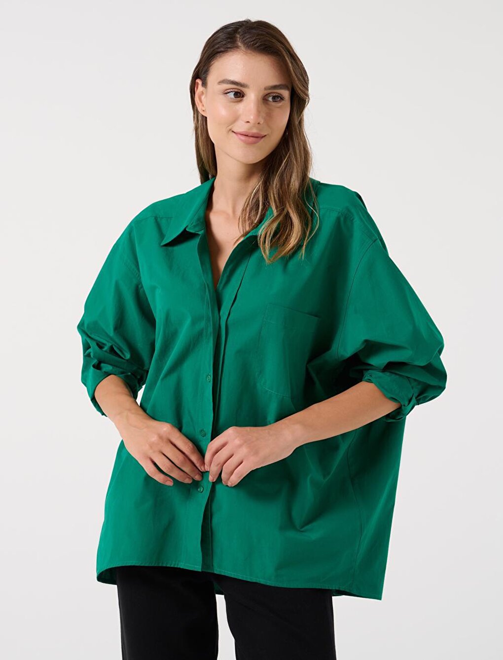 Green Loose Cut Long Back 100% Cotton Basic Shirt