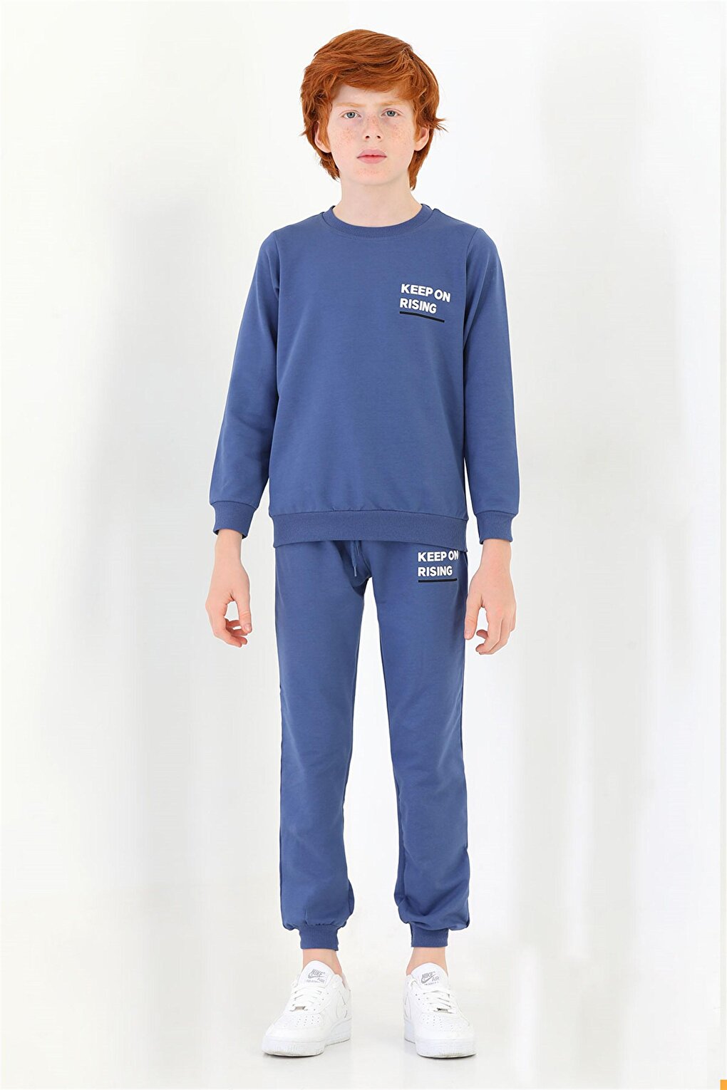 Boy's Indigo Colored Crew Neck Keep On Rising Printed Tracksuit Set