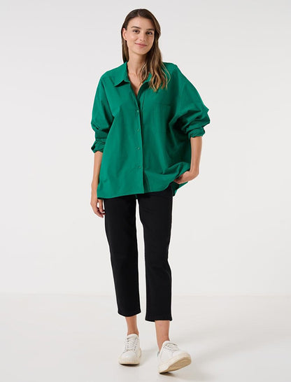 Green Loose Cut Long Back 100% Cotton Basic Shirt