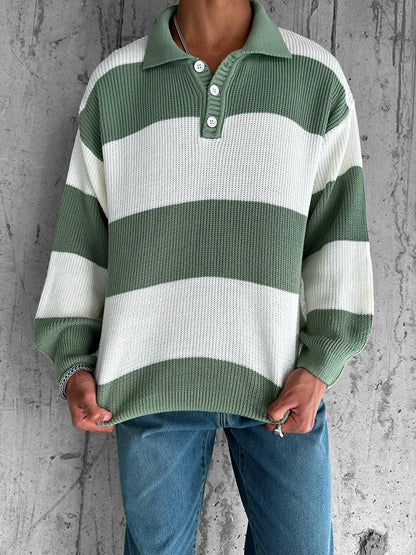 Buttoned Collar Knitted Sweater Green