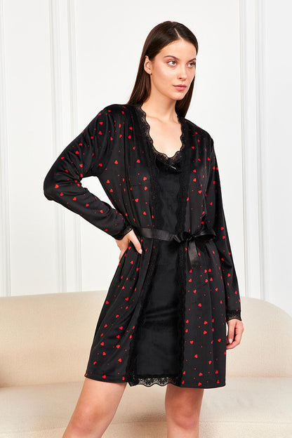 Women's Black Strappy Nightgown with Heart-shaped Dressing Gown FR Velvet 2-Piece Set PJM