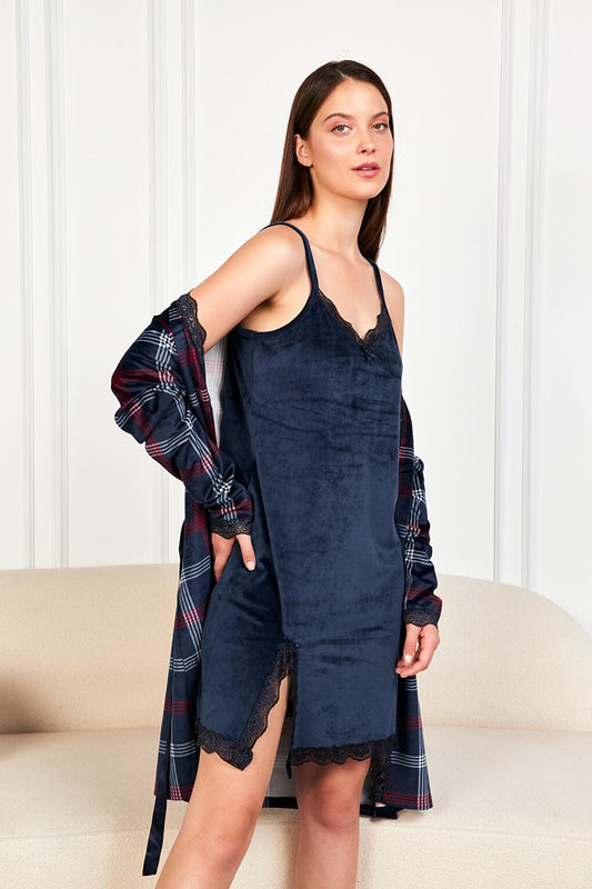 Women's Navy Blue Strappy Nightgown with Plaid Dressing Gown FR Velvet 2-Piece Set PJM