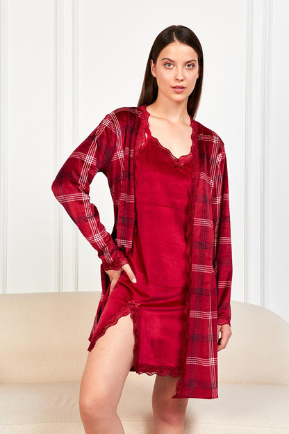 Women's Burgundy Strap Nightgown Plaid Dressing Gown FR Velvet 2 Piece Set PJM