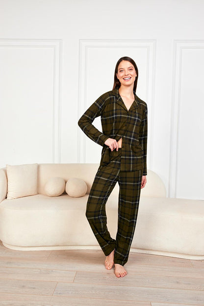 Women's Khaki Plaid Suede Buttoned Baby Collar Long Sleeve Long Bottom Pajama Set