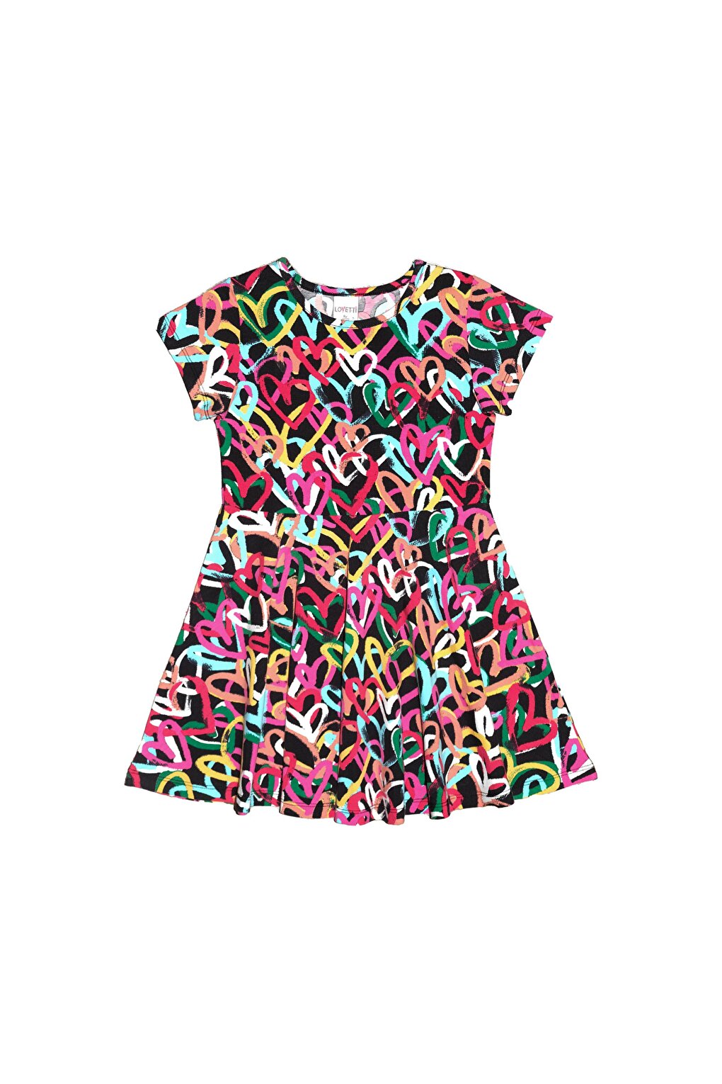 Girl's Graffiti Hearts Pattern Short Sleeve Flared Skirt Dress