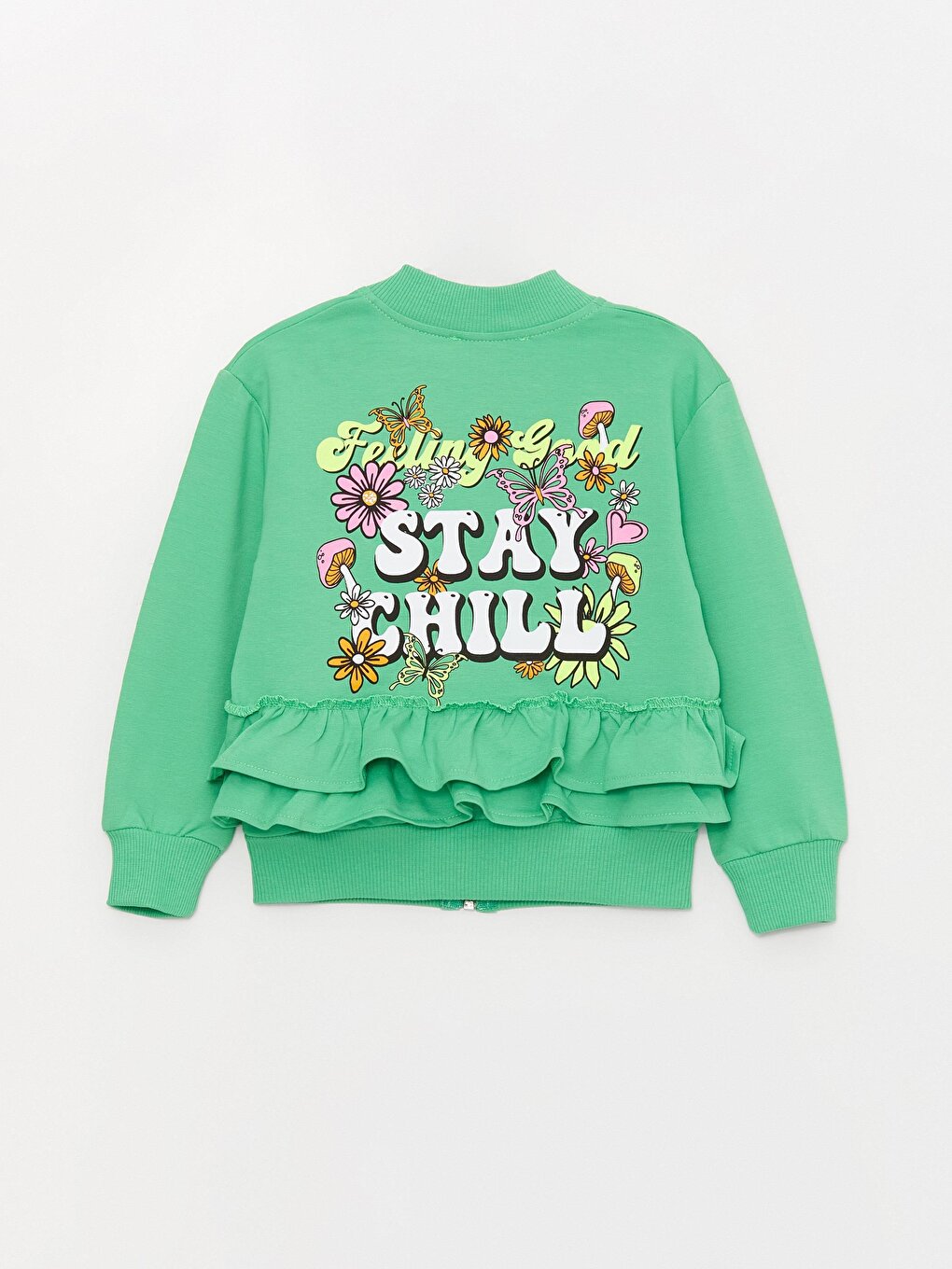 Girl's Stay Chill Ruffled Zippered Back Printed Jacket