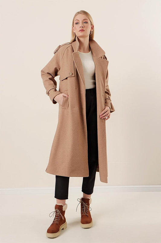 Women's Mink Double Buttoned Epaulettes Pocketed Long Cashmere Coat