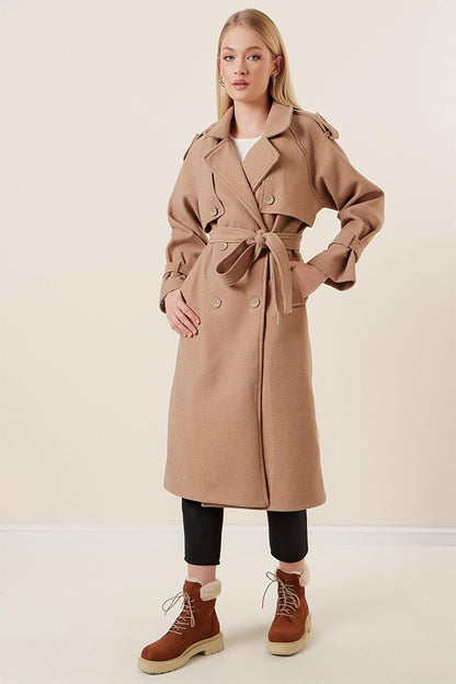 Women's Mink Double Buttoned Epaulettes Pocketed Long Cashmere Coat