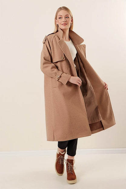 Women's Mink Double Buttoned Epaulettes Pocketed Long Cashmere Coat