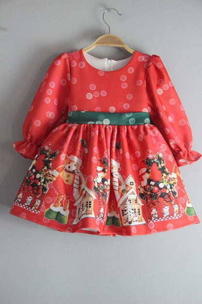 Girl's Polka Dot and Teddy Bear New Year Printed Dress