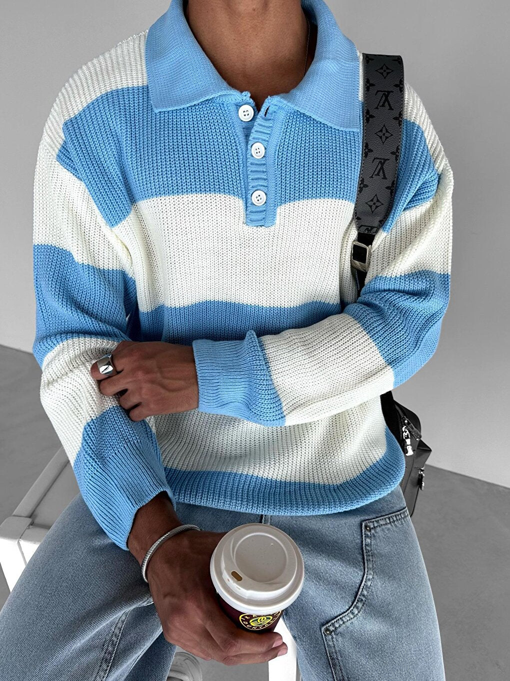 Buttoned Collar Knitted Sweater Baby Blue