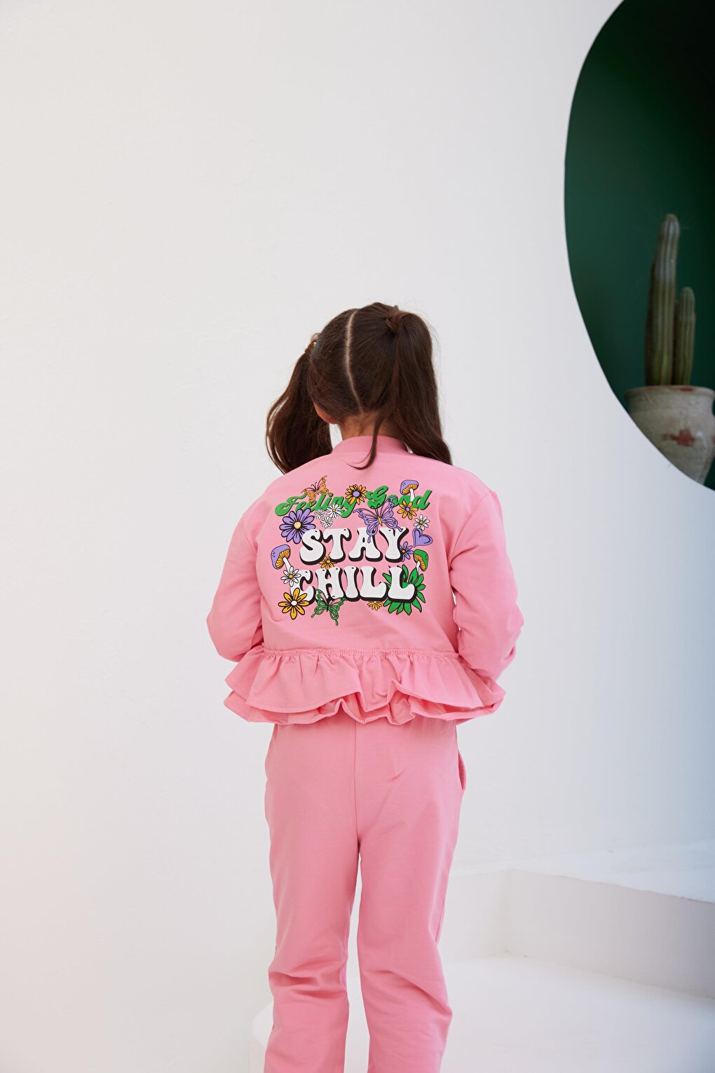 Girl's Stay Chill Ruffled Zippered Back Printed Jacket