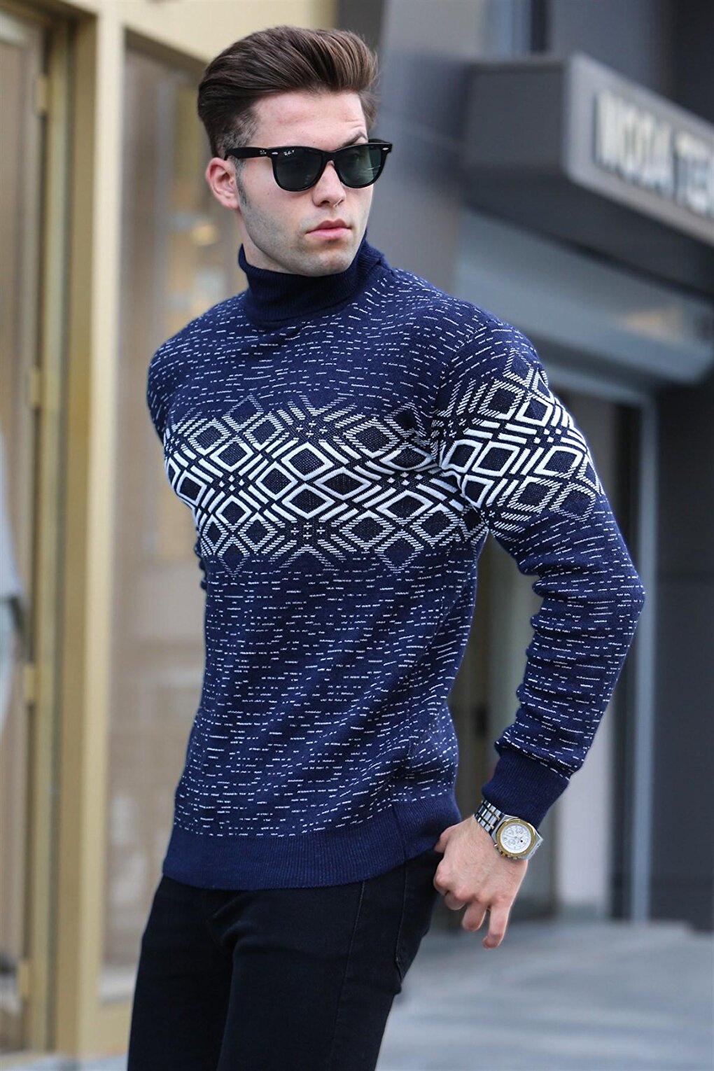 Navy Blue Turtleneck Knitwear Sweater 5970